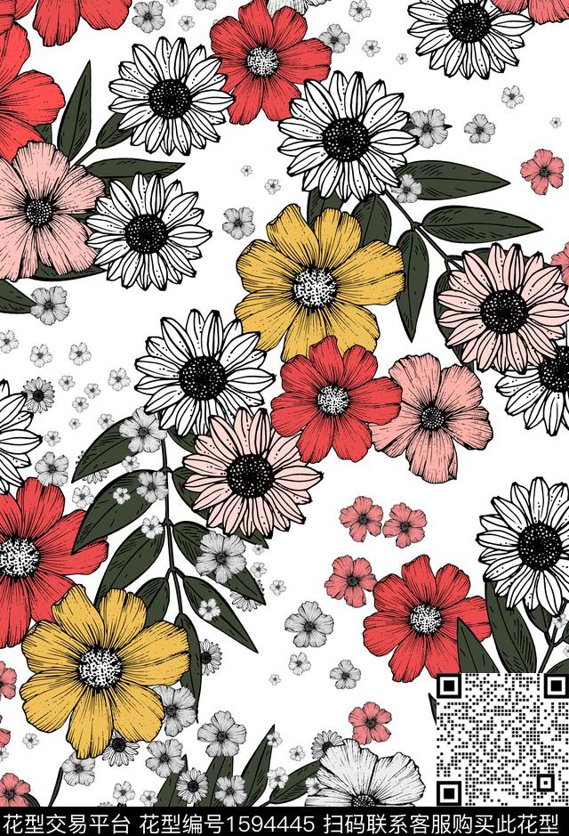 花卉白底花清爽传统印花华亿平台下载（图片编号: 1594445） - 瓦栏（Walan）