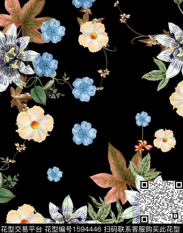 黑底花卉花卉水彩花卉数码印花华亿平台下载（图片编号: 1594446） - 瓦栏（Walan）