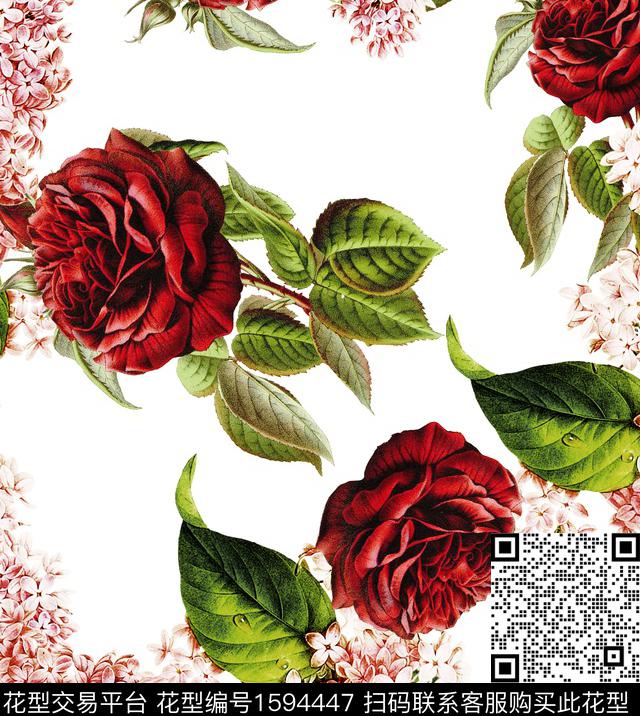 玫瑰花白底花绣球花数码印花华亿平台下载（图片编号: 1594447） - 瓦栏（Walan）