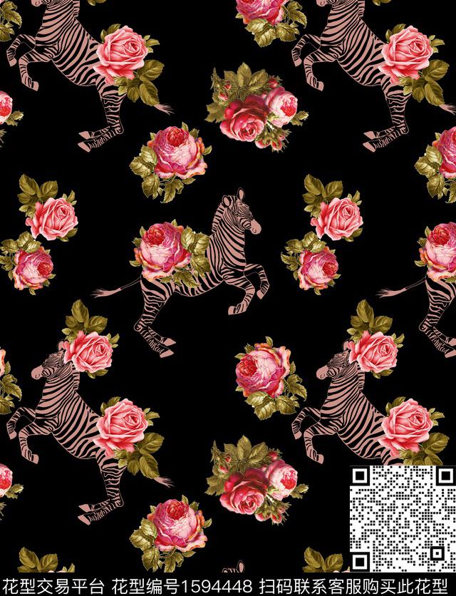 花卉黑底花卉斑马数码印花华亿平台下载（图片编号: 1594448） - 瓦栏（Walan）