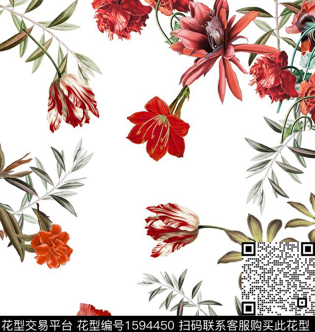 花卉白底花清爽数码印花华亿平台下载（图片编号: 1594450） - 瓦栏（Walan）