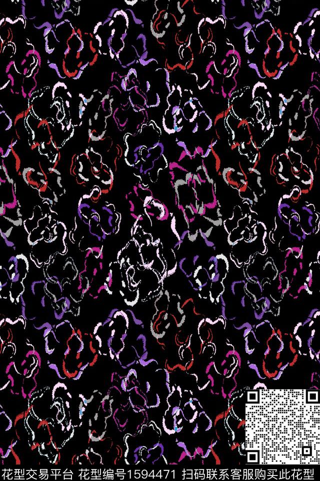 黑底花卉线条花数码印花华亿平台下载（图片编号: 1594471） - 瓦栏（Walan）
