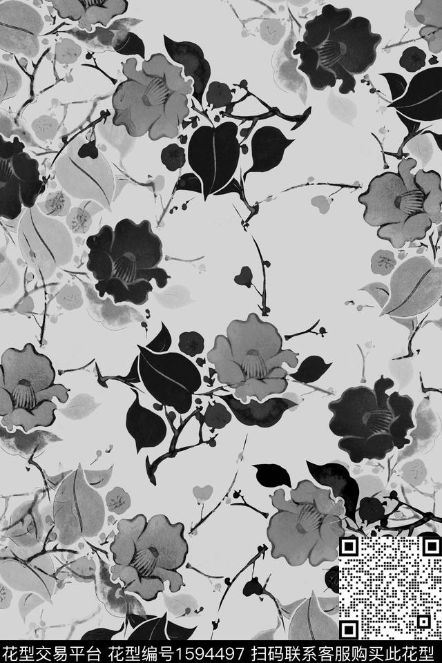 黑白花卉数码印花华亿平台下载（图片编号: 1594497） - 瓦栏（Walan）