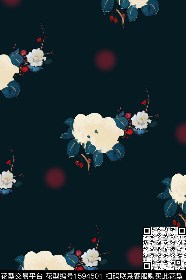 花卉黑底花卉水墨风数码印花华亿平台下载（图片编号: 1594501） - 瓦栏（Walan）
