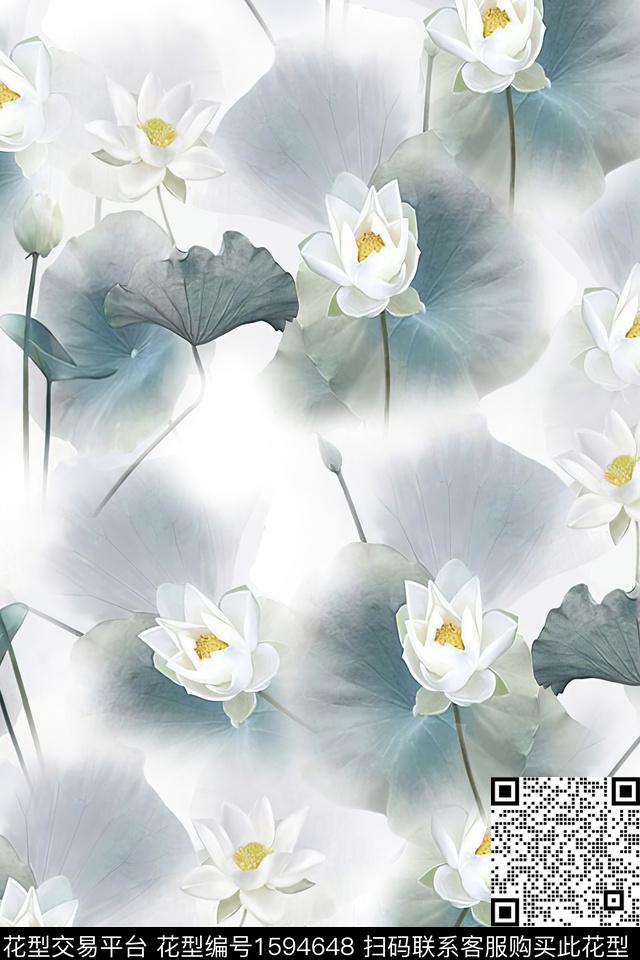 水彩荷花花卉数码印花华亿平台下载（图片编号: 1594648） - 瓦栏（Walan）