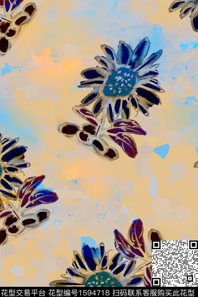 底纹花卉手绘花卉数码印花华亿平台下载（图片编号: 1594718） - 瓦栏（Walan）