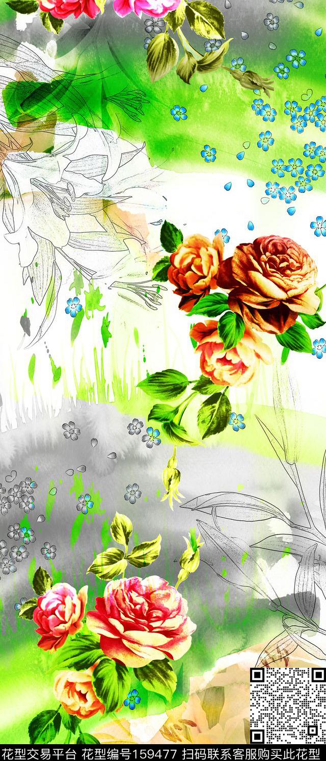 花卉定位素描数码印花华亿平台下载（图片编号: 159477） - 瓦栏（Walan）