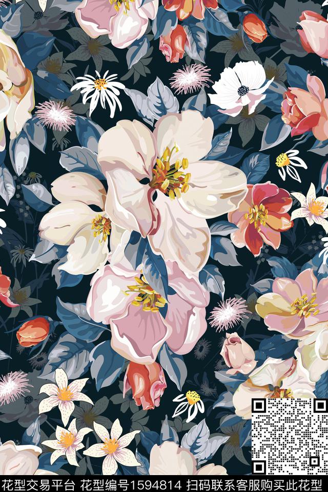 影花大花黑底花卉数码印花华亿平台下载（图片编号: 1594814） - 瓦栏（Walan）
