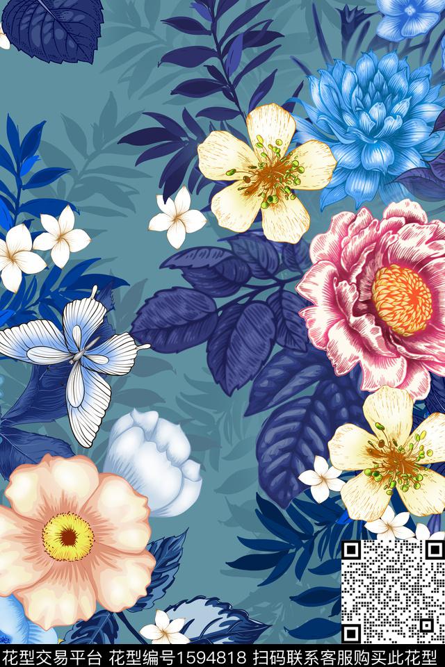 大花花卉蝴蝶数码印花华亿平台下载（图片编号: 1594818） - 瓦栏（Walan）