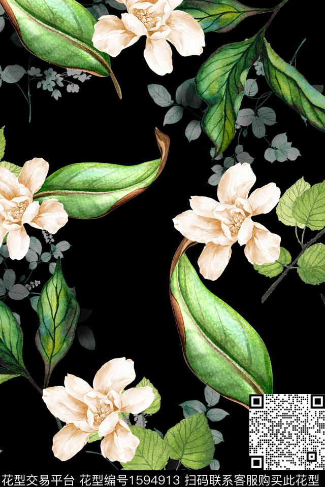 黑底花卉花卉数码印花华亿平台下载（图片编号: 1594913） - 瓦栏（Walan）