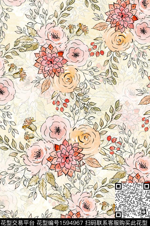 花卉水彩小清新数码印花华亿平台下载（图片编号: 1594967） - 瓦栏（Walan）