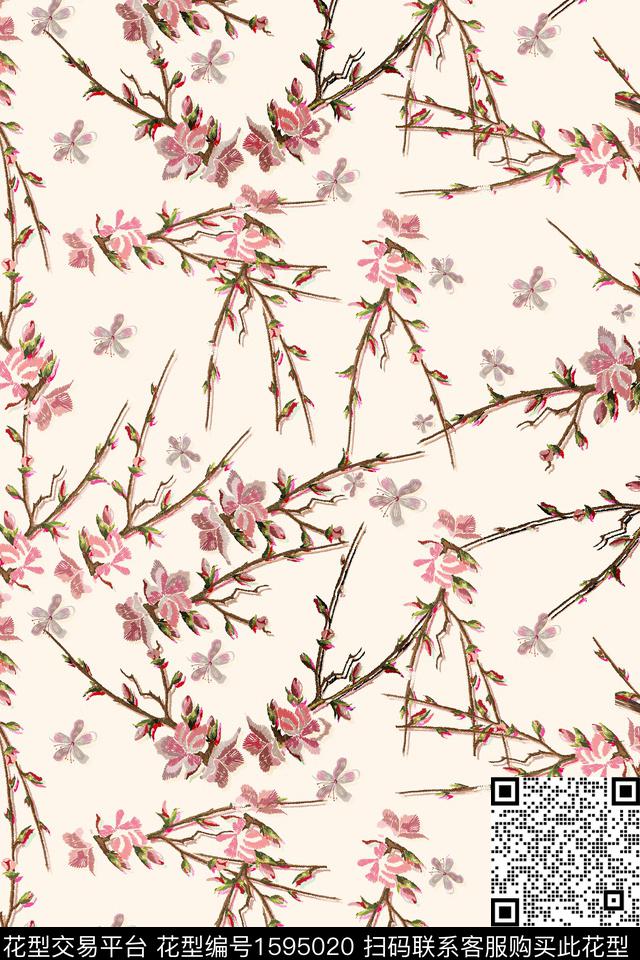 花卉枝条花仿绣花数码印花华亿平台下载（图片编号: 1595020） - 瓦栏（Walan）