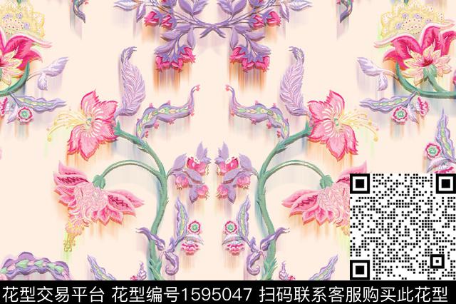花卉民族花卉对称数码印花华亿平台下载（图片编号: 1595047） - 瓦栏（Walan）