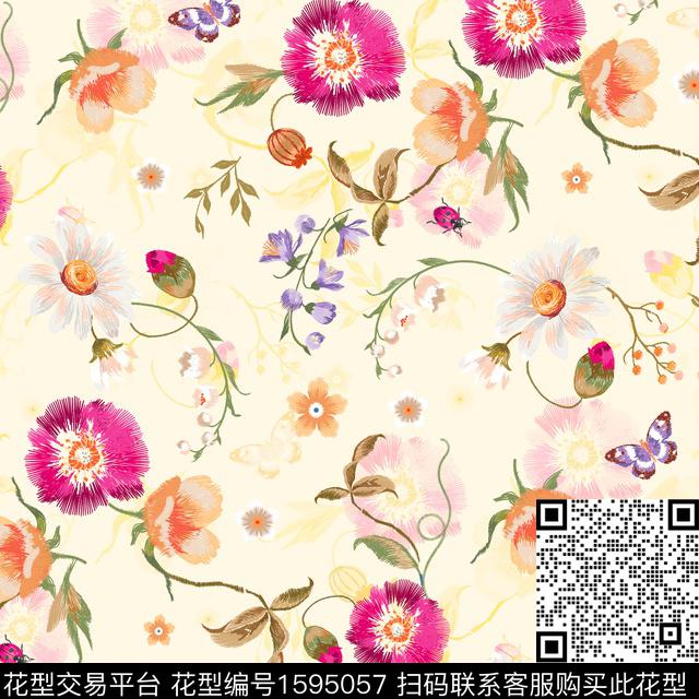 花卉蝴蝶小清新数码印花华亿平台下载（图片编号: 1595057） - 瓦栏（Walan）