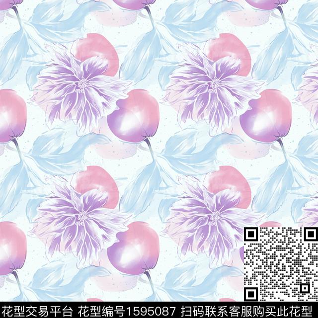 花卉水彩影花数码印花华亿平台下载（图片编号: 1595087） - 瓦栏（Walan）