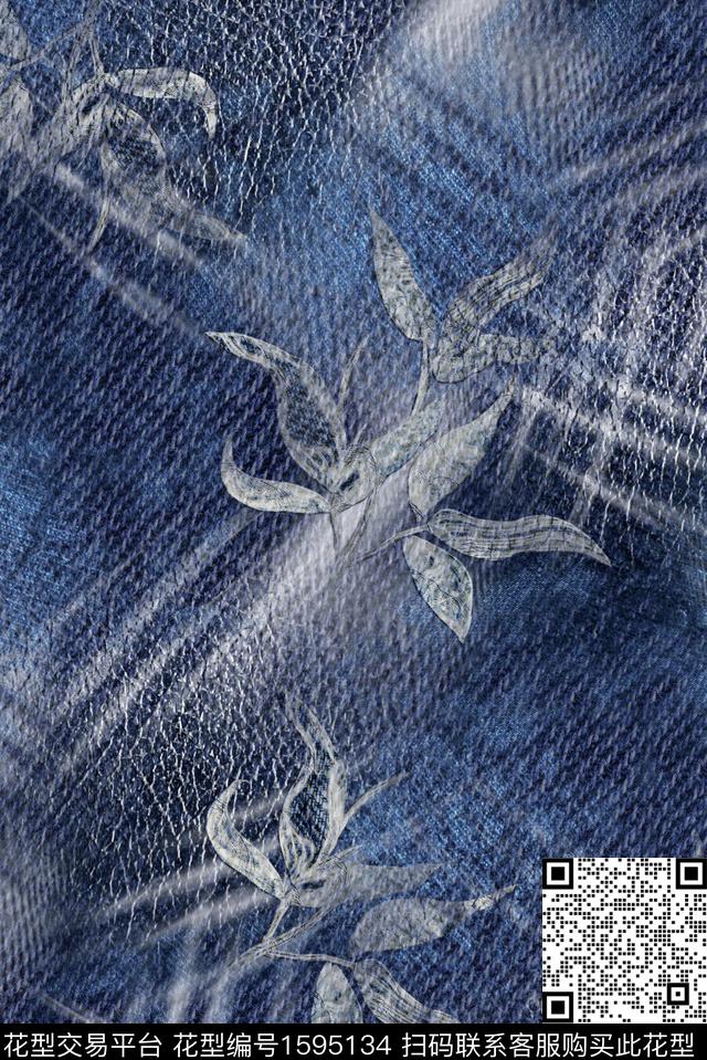 牛仔肌理线条绿植树叶数码印花华亿平台下载（图片编号: 1595134） - 瓦栏（Walan）