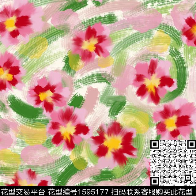 花卉水彩花卉笔触数码印花华亿平台下载（图片编号: 1595177） - 瓦栏（Walan）