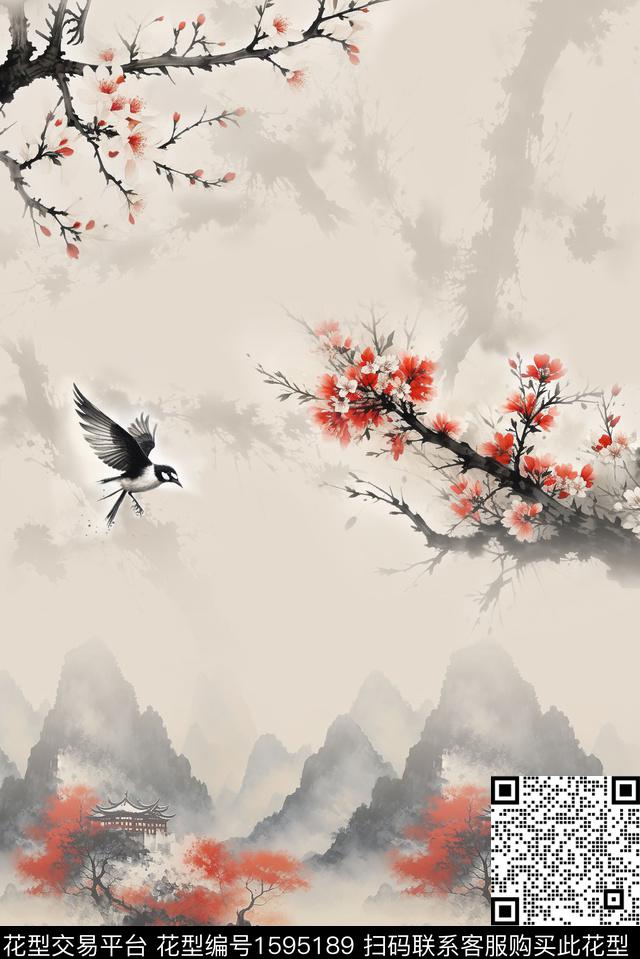 梅花中国风水墨风数码印花华亿平台下载（图片编号: 1595189） - 瓦栏（Walan）