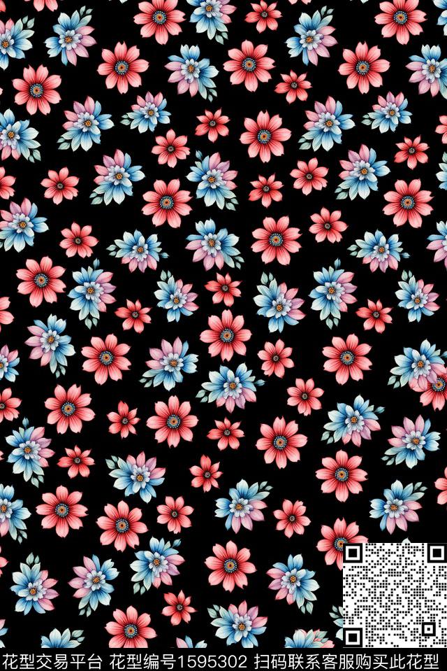 花卉小碎花黑底花卉数码印花华亿平台下载（图片编号: 1595302） - 瓦栏（Walan）
