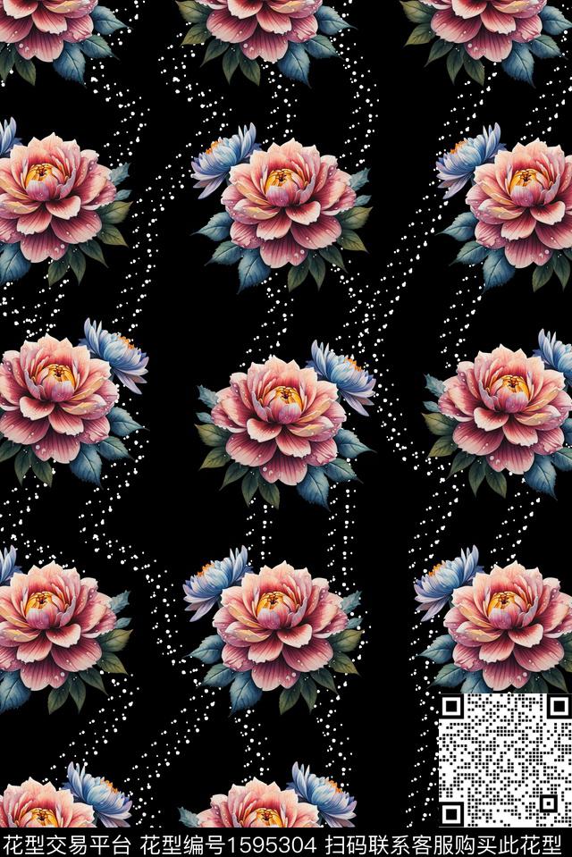 花卉斑点黑底花卉数码印花华亿平台下载（图片编号: 1595304） - 瓦栏（Walan）