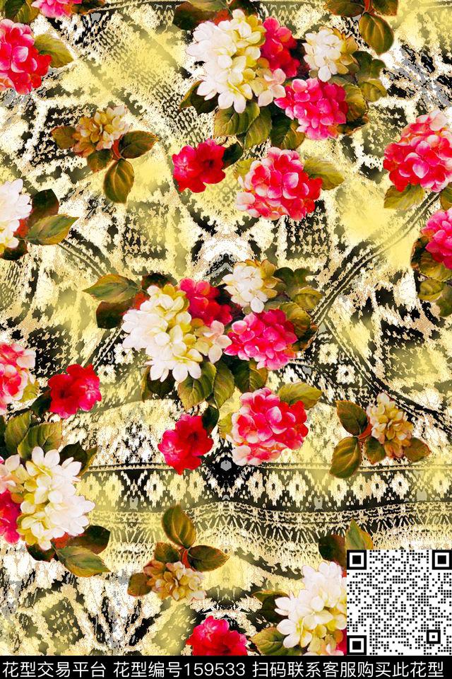 底纹几何花卉数码印花华亿平台下载（图片编号: 159533） - 瓦栏（Walan）