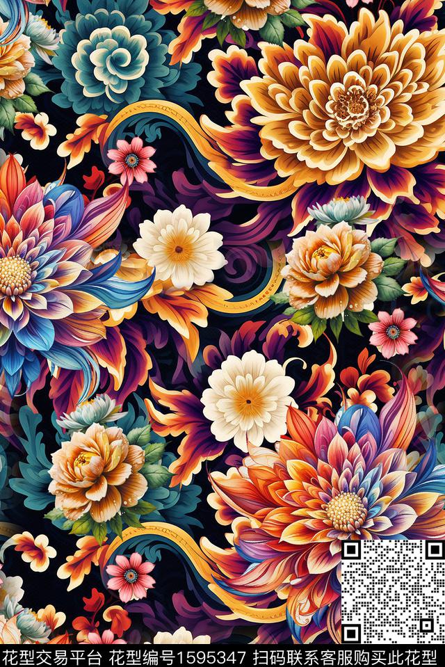 花卉黑底花卉大花数码印花华亿平台下载（图片编号: 1595347） - 瓦栏（Walan）