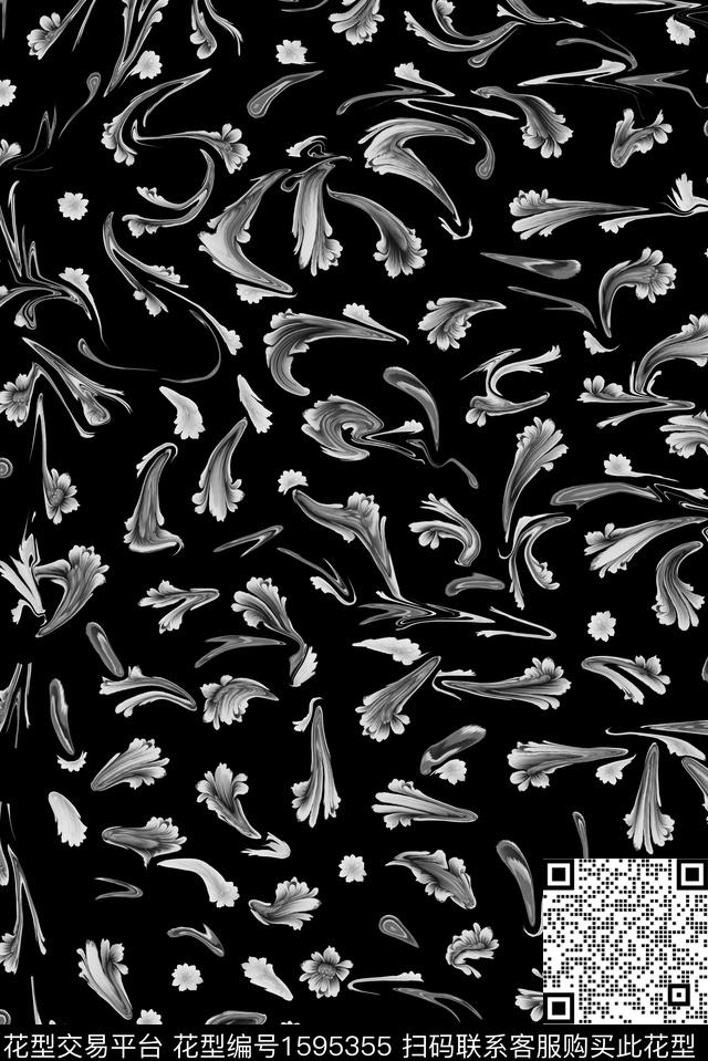 抽象黑白抽象花卉数码印花华亿平台下载（图片编号: 1595355） - 瓦栏（Walan）
