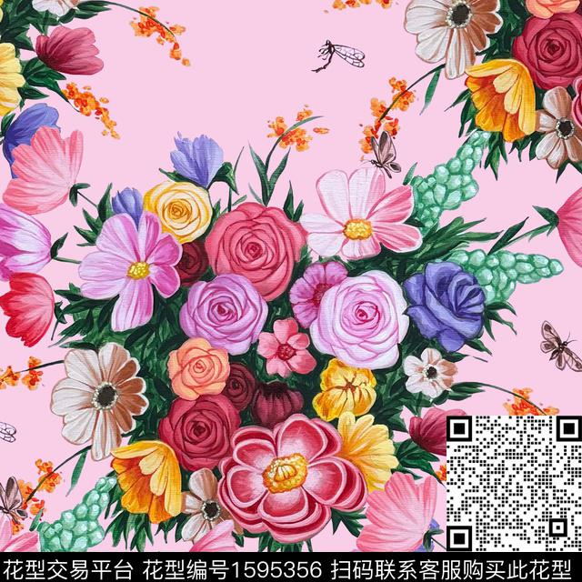 花卉花团蝴蝶数码印花华亿平台下载（图片编号: 1595356） - 瓦栏（Walan）