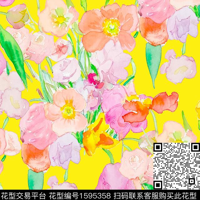 水彩花卉郁金香绿色系数码印花华亿平台下载（图片编号: 1595358） - 瓦栏（Walan）