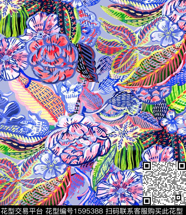 花卉水彩花卉民族花卉数码印花华亿平台下载（图片编号: 1595388） - 瓦栏（Walan）