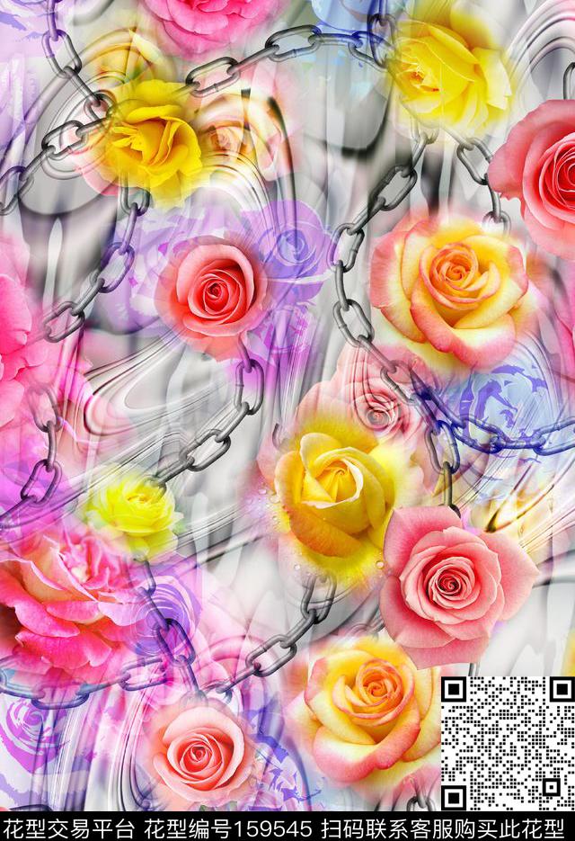 花卉线条玫瑰数码印花华亿平台下载（图片编号: 159545） - 瓦栏（Walan）