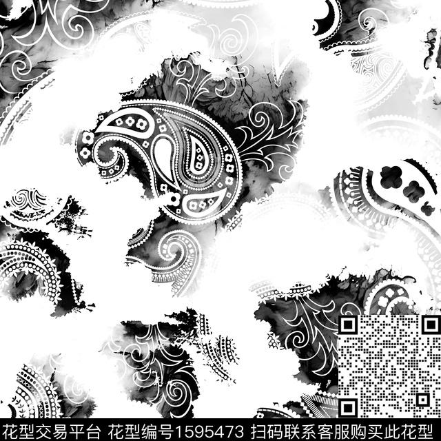 黑白佩斯利黑白华亿平台数码印花华亿平台下载（图片编号: 1595473） - 瓦栏（Walan）