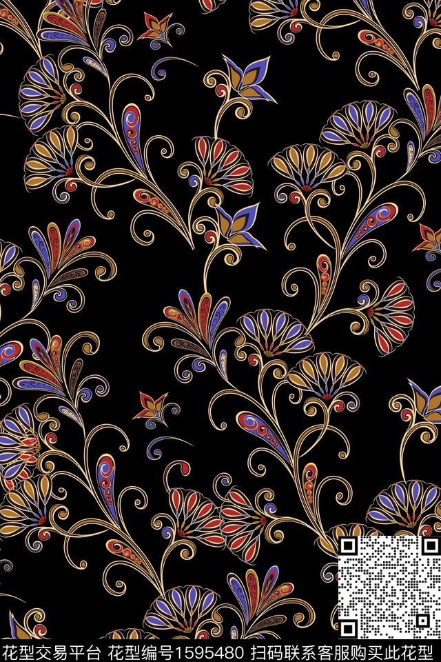 民族花卉民族风复古数码印花华亿平台下载（图片编号: 1595480） - 瓦栏（Walan）