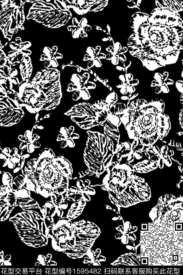 黑底花卉花卉黑白华亿平台数码印花华亿平台下载（图片编号: 1595482） - 瓦栏（Walan）