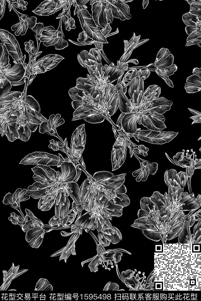 黑底花卉花卉黑白华亿平台数码印花华亿平台下载（图片编号: 1595498） - 瓦栏（Walan）