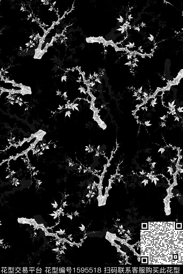 树枝黑白华亿平台数码印花华亿平台下载（图片编号: 1595518） - 瓦栏（Walan）