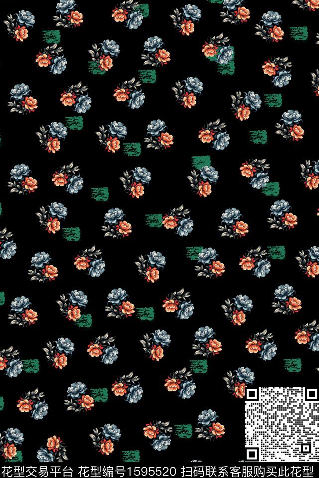花卉黑底花卉小碎花数码印花华亿平台下载（图片编号: 1595520） - 瓦栏（Walan）