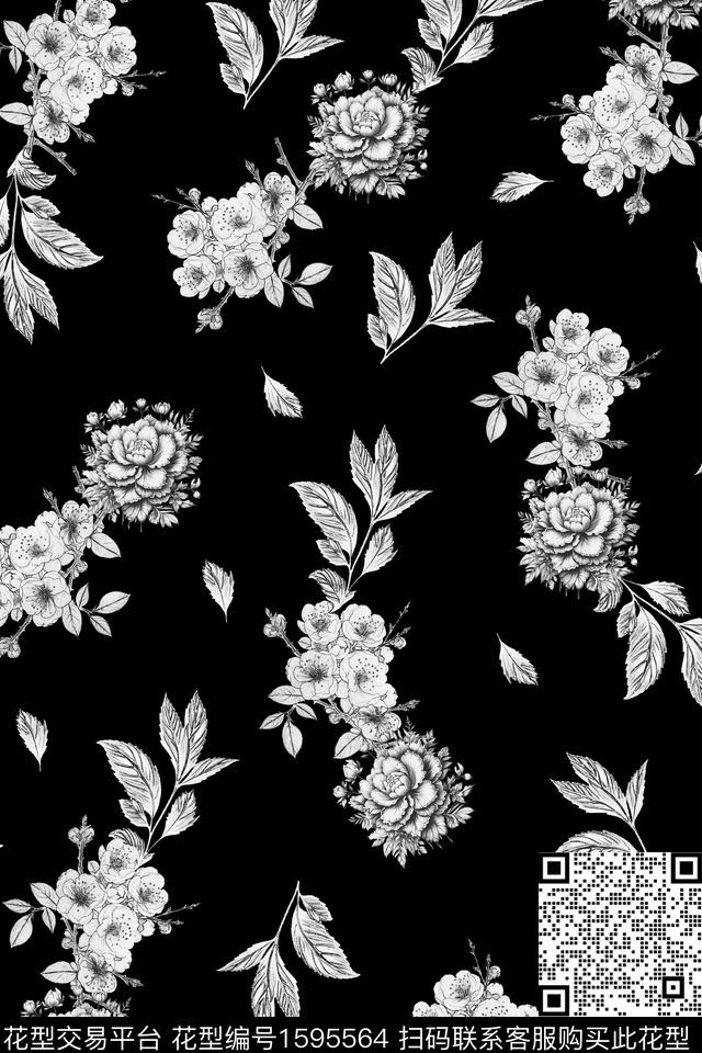 花卉黑白华亿平台黑底花卉数码印花华亿平台下载（图片编号: 1595564） - 瓦栏（Walan）