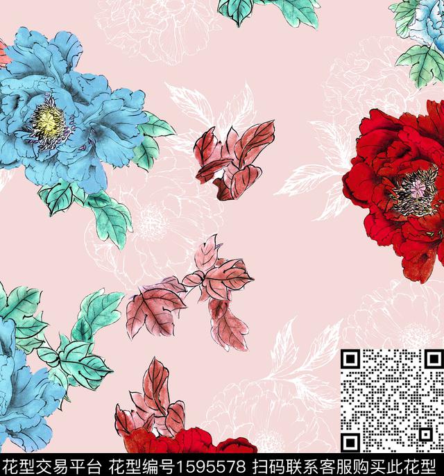 中国风牡丹花花卉数码印花华亿平台下载（图片编号: 1595578） - 瓦栏（Walan）