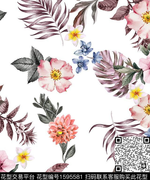 花卉棕榈叶清爽底花卉数码印花华亿平台下载（图片编号: 1595581） - 瓦栏（Walan）