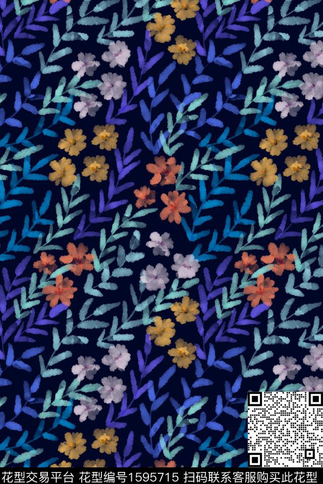 黑底花卉花卉水彩数码印花华亿平台下载（图片编号: 1595715） - 瓦栏（Walan）