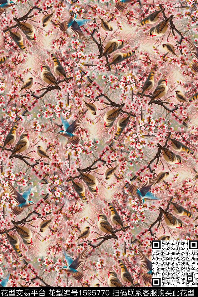 花卉鸟树枝数码印花华亿平台下载（图片编号: 1595770） - 瓦栏（Walan）