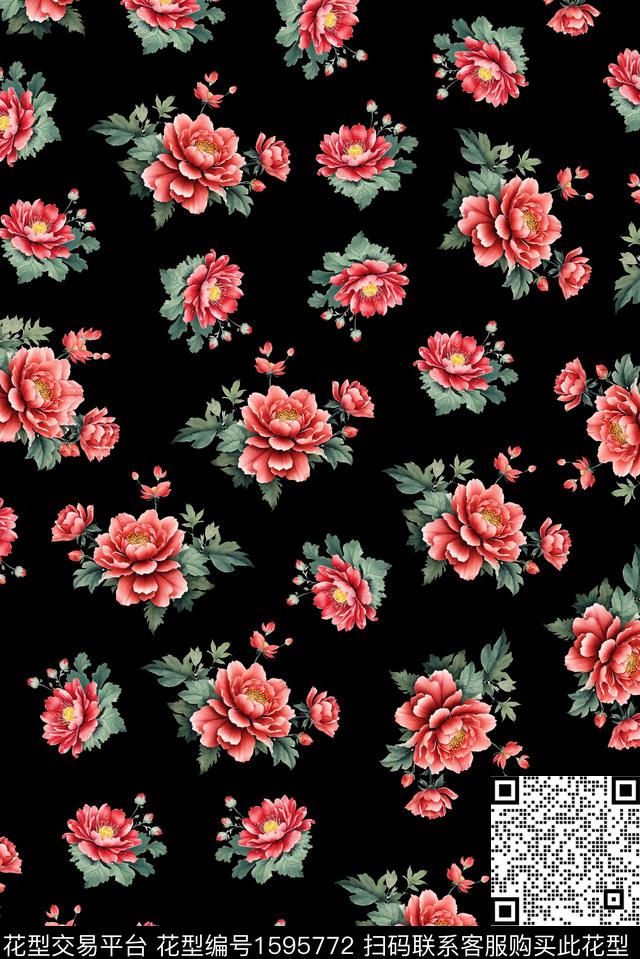 花卉水彩花卉黑底花卉数码印花华亿平台下载（图片编号: 1595772） - 瓦栏（Walan）