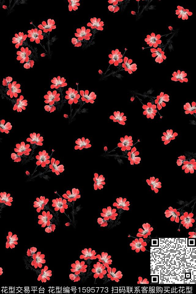 花卉小碎花黑底花卉数码印花华亿平台下载（图片编号: 1595773） - 瓦栏（Walan）