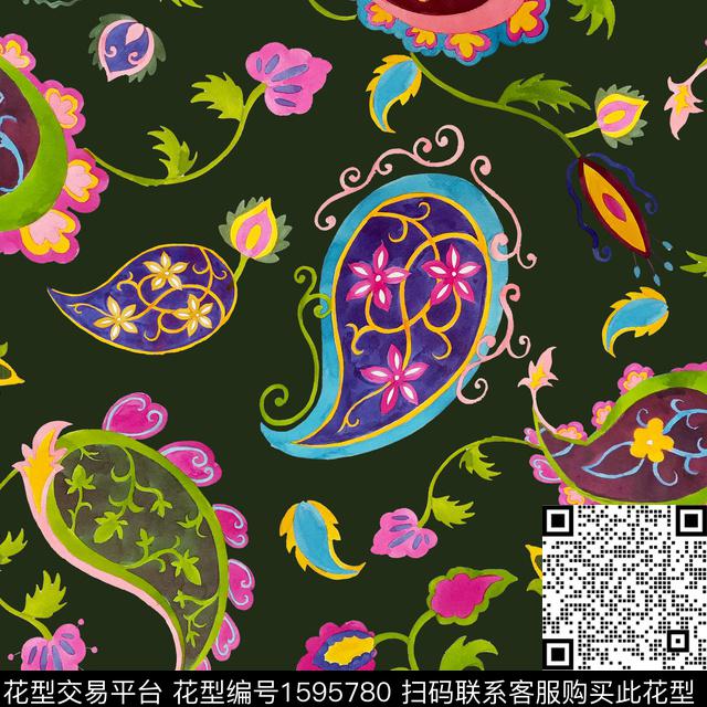 水彩佩斯利民族风数码印花华亿平台下载（图片编号: 1595780） - 瓦栏（Walan）