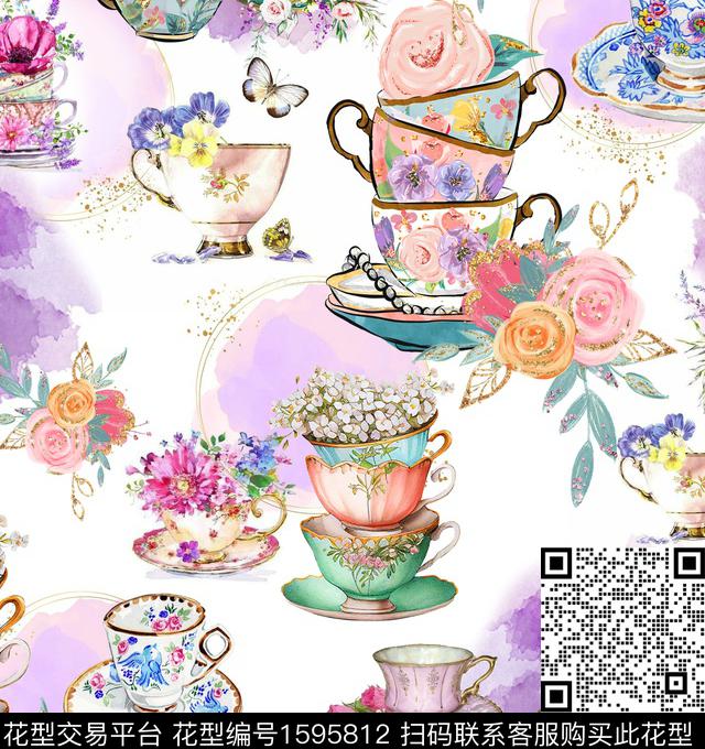 花卉水彩杯子数码印花华亿平台下载（图片编号: 1595812） - 瓦栏（Walan）