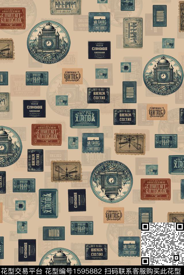 邮票几何复古风数码印花华亿平台下载（图片编号: 1595882） - 瓦栏（Walan）