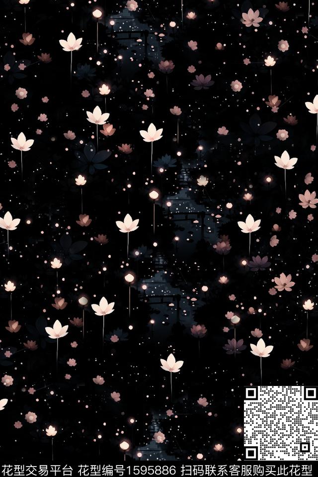 花卉小碎花黑底花卉数码印花华亿平台下载（图片编号: 1595886） - 瓦栏（Walan）
