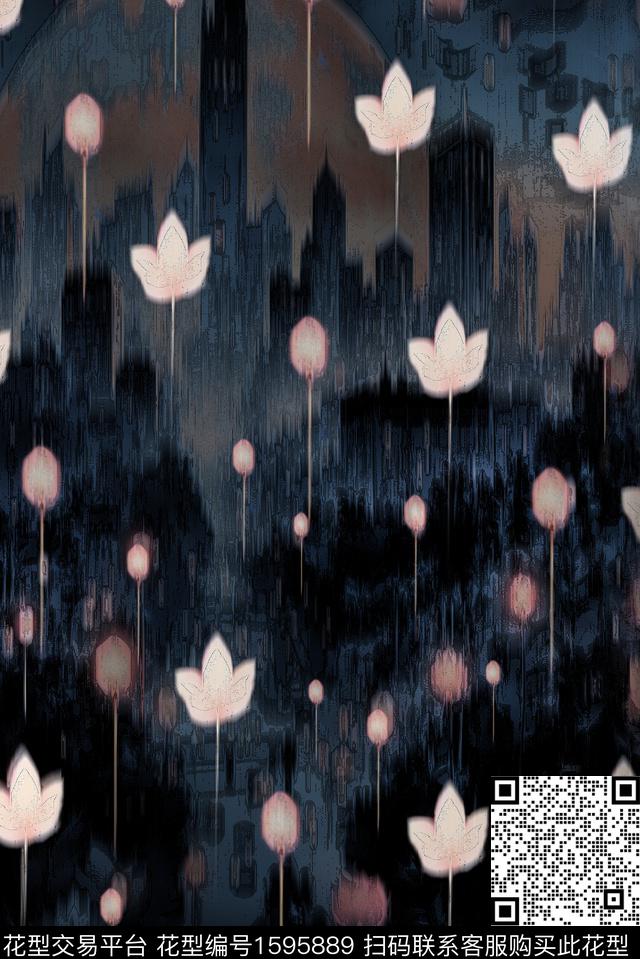 花卉水彩高楼大厦数码印花华亿平台下载（图片编号: 1595889） - 瓦栏（Walan）