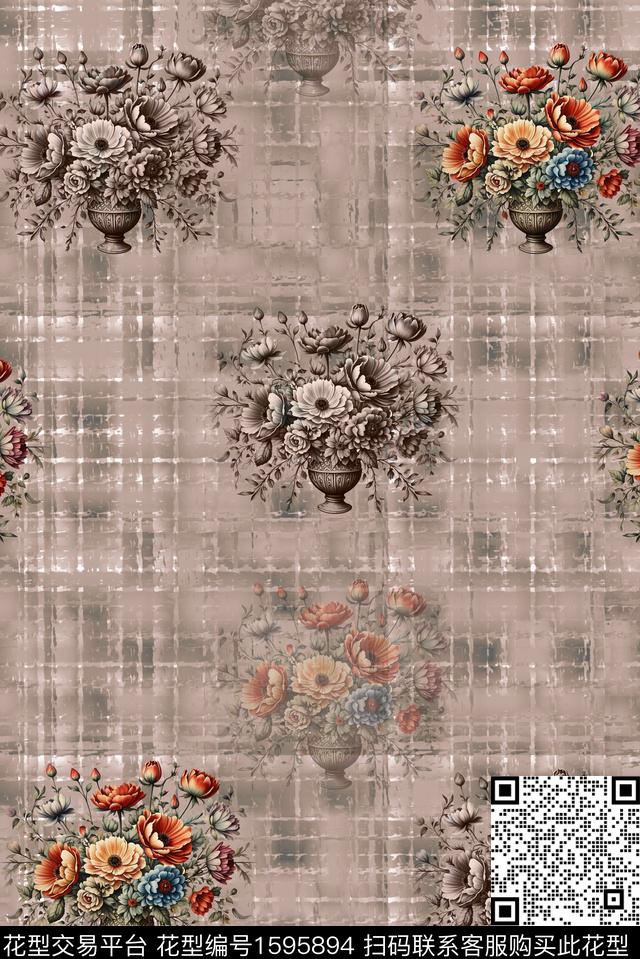 花卉底纹格子数码印花华亿平台下载（图片编号: 1595894） - 瓦栏（Walan）